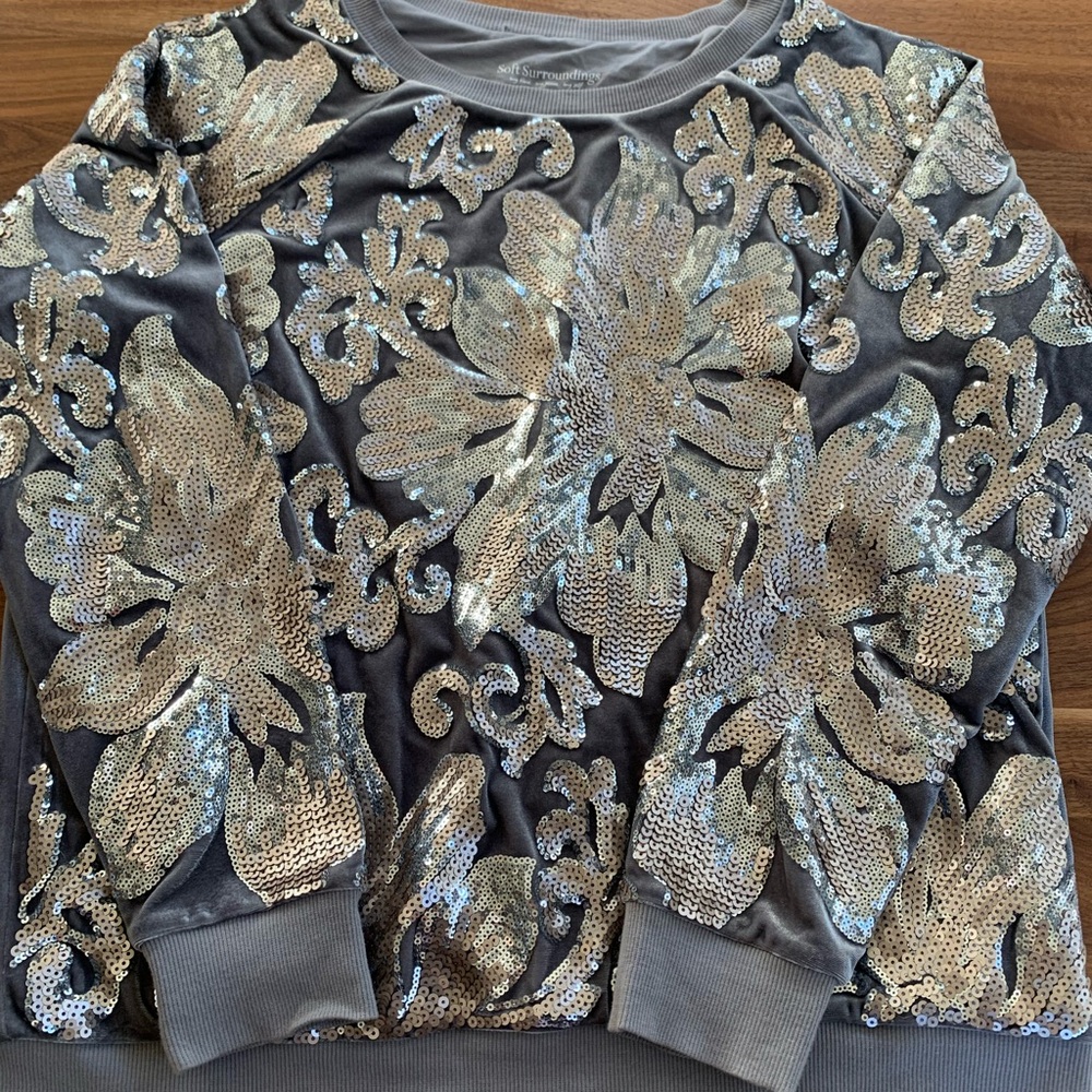 Soft Surroundings Gray and Silver Sequin Party Holiday Sweatshirt